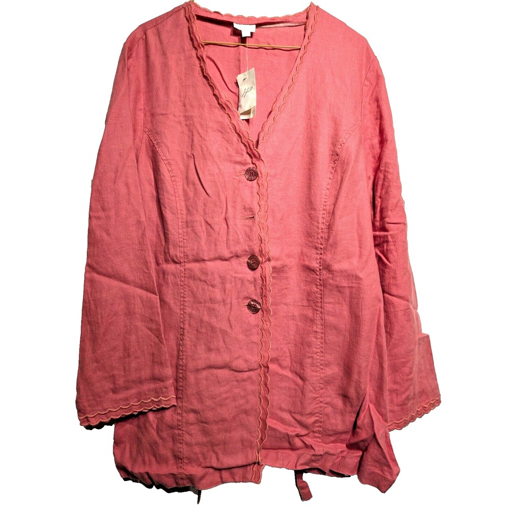 NEW J. Jill Womens Sz: L Cardigan Linen Button Pink W/ Scalloped Edge Waist Tie
